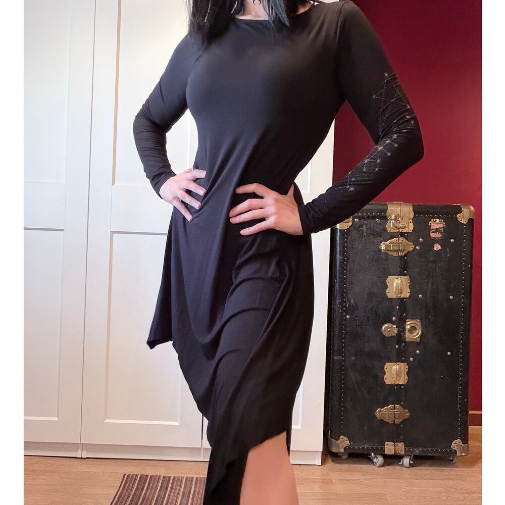 killstar asymmetrical long sleeve dress w/ star constellation pattern on sleeve